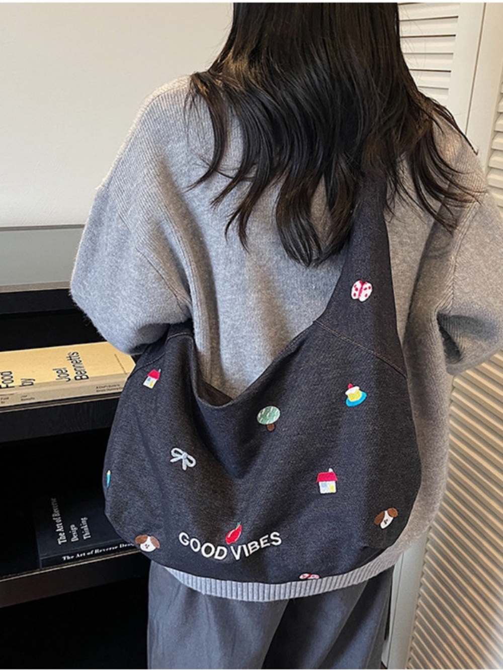 Embroidered Dark Gray Shoulder Bag